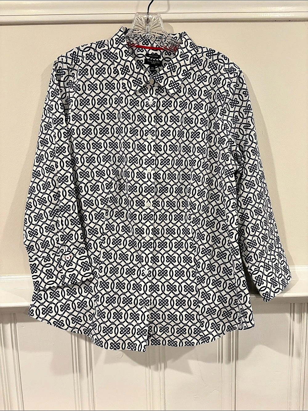 Talbots Geometric Button Down Shirt in White & Blue Size 14P